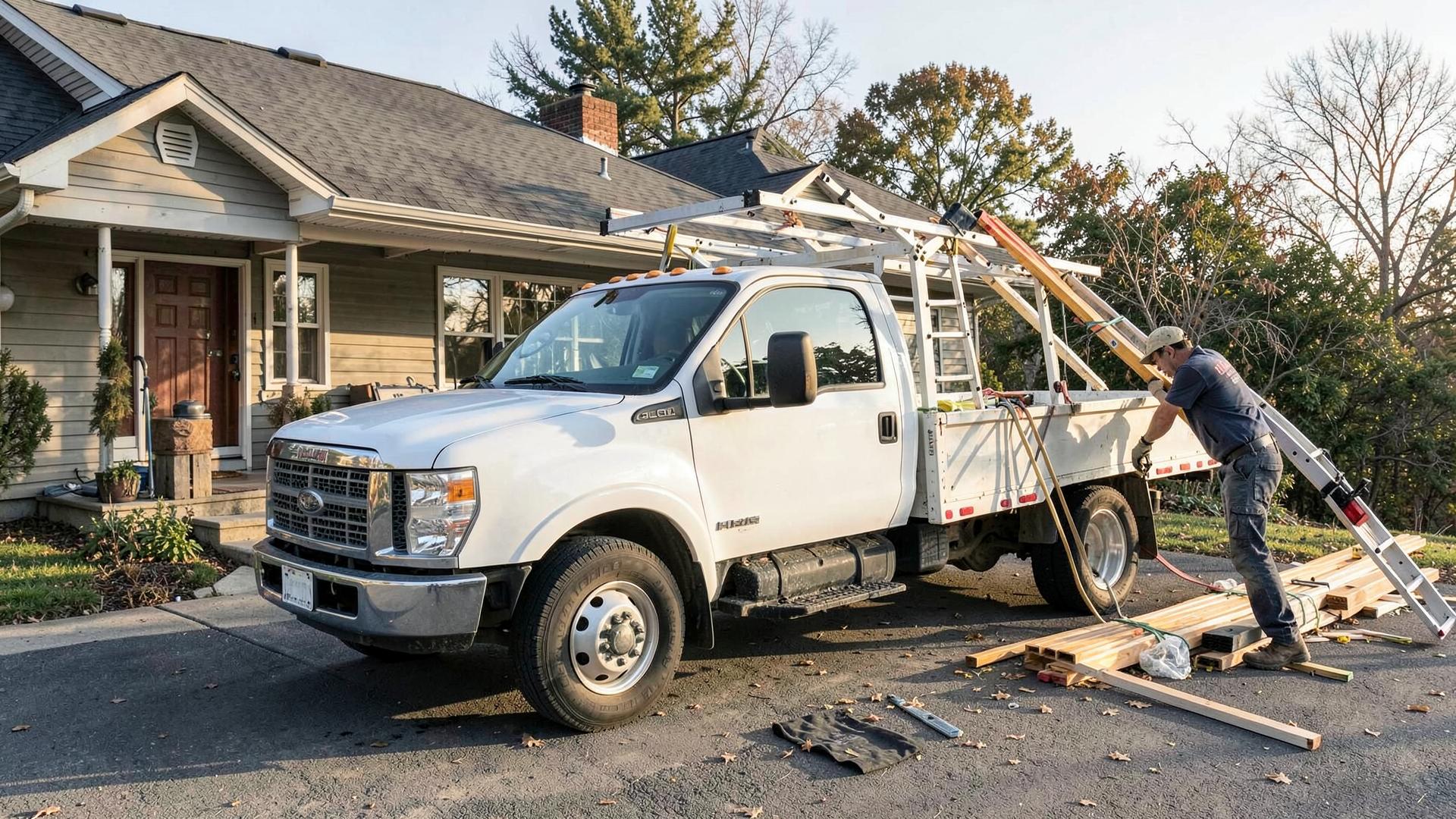 Summit Ridge Roofing truck and ladders outside a Boulder home