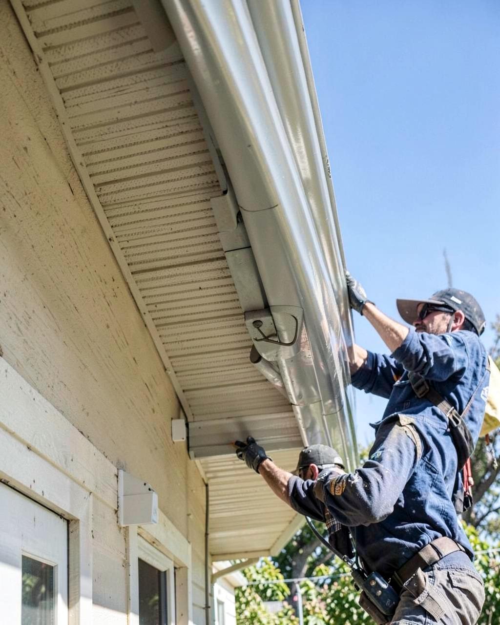 Worker installing a seamless aluminum gutter along a roof edge