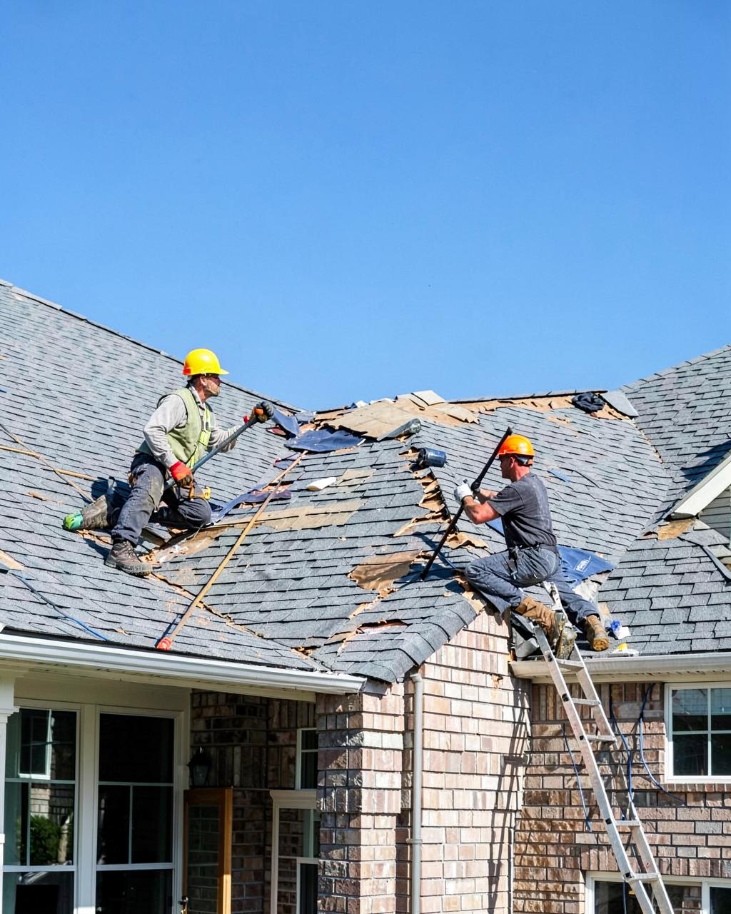 Roofers tearing off old shingles during a full roof replacement